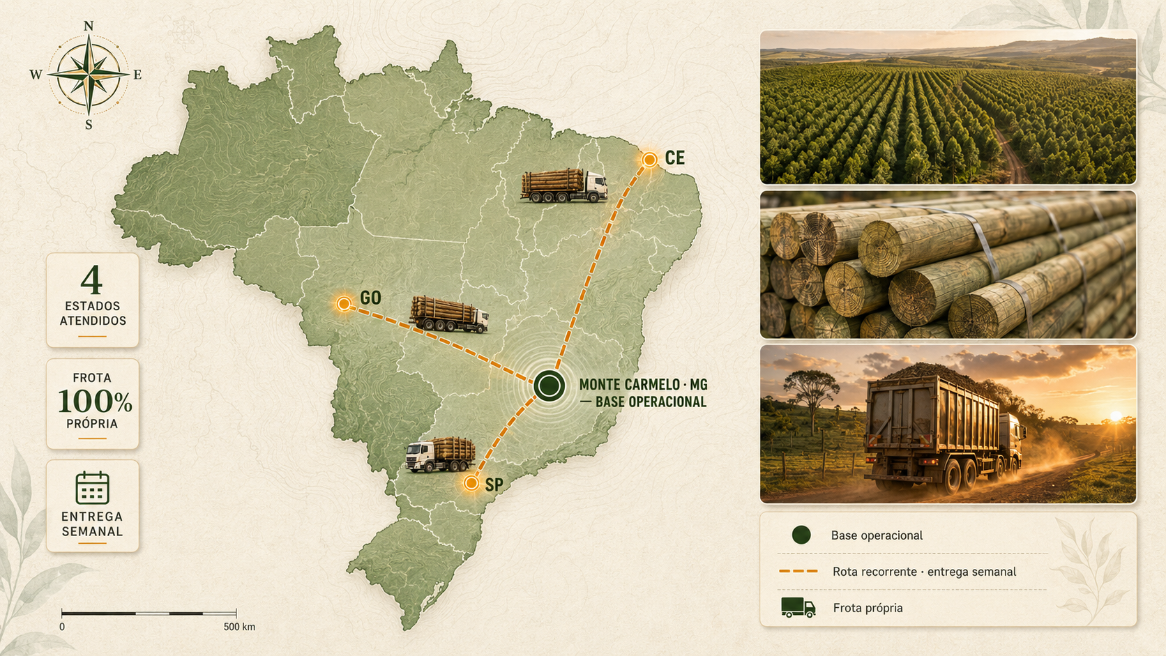 Mapa do Brasil com rotas de entrega da Kavaco saindo de Monte Carmelo (MG) para SP, GO e CE